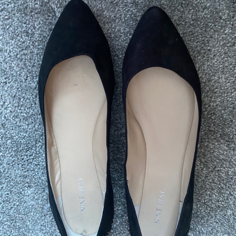 Nine West black flats with rhinestones on heels